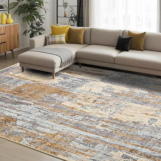 Toneed Abstract Area Rug Modern Washable Rug Soft Non Slip Rug Low Pile for Bedroom Living Room Dining Room Camel 6x9 Feet