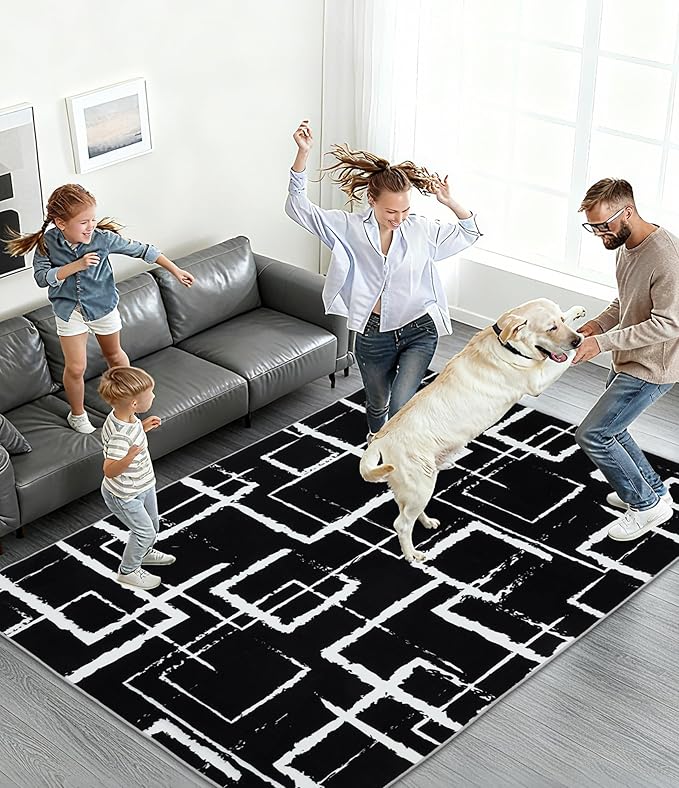 YIHOUSE Black Modern Geometric Area Rug 5x7, Black and White Rug with Abstract Rectangular Patterns,Non-Shedding Washable Rugs for Bedroom, Home Office and Small Living Room