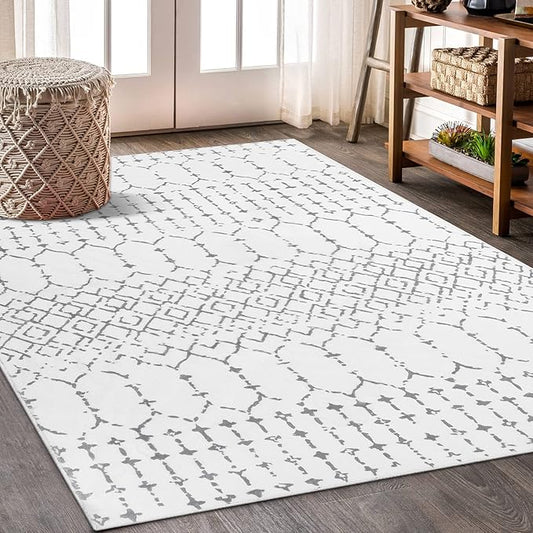 Lahome Moroccan Washable Living Room Rug - 3x5 Area Rugs for Bedroom Throw Non-Slip Low-Pile Entryway Rug Bathroom Rugs Soft White Distressed Indoor Capet for Office Kitchen Laundry Room Dining Room