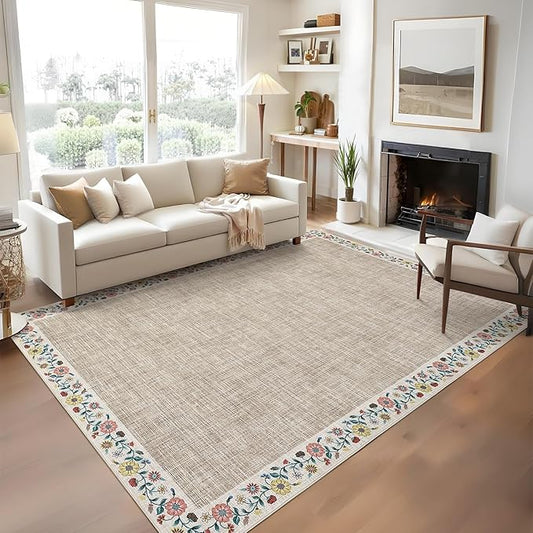 GarveeHome Washable Rugs for Living Rom 8 x 10 Large Area Rug Farmhouse Floral Bordered Bedroom Carpet Indoor Non-Slip Nursery Mat Soft Non Shedding Stain Resistant Carpet for Dining Room, Light Camel