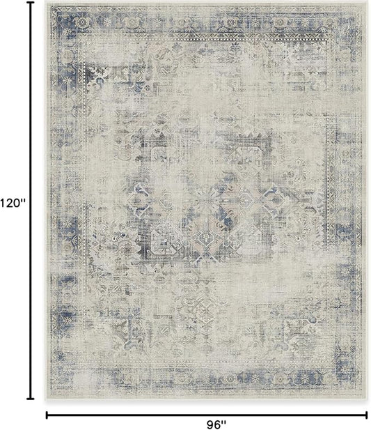 RUGGABLE Washable Vintage Area Rug – Kamran Blue Quartz 8x10, Stain-Resistant, Non-Slip – Large Machine Washable Rugs for Living Room, Bedroom, Hallway, Entryway & Office–with Standard Pad