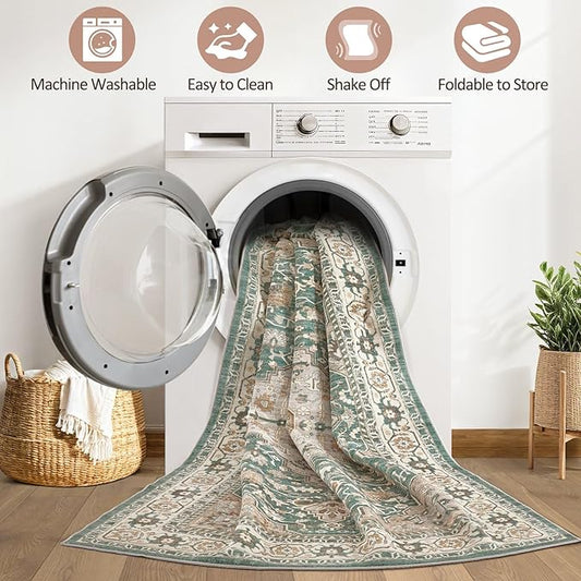 9x12 Area Rug Living Room: Machine Washable Boho Large Vintage Soft Rugs Stain Resistant Farmhouse Oriental Non Slip Indoor Floor Carpet for Bedroom Nursery Kids Playroom Office Dining Room- Green