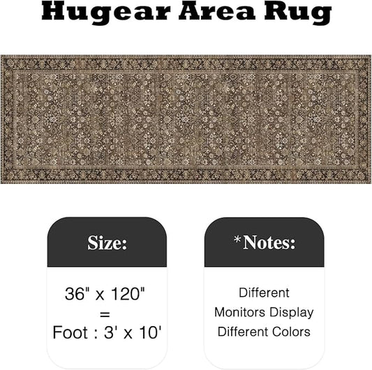 HUGEAR 3x10 Runner Rug Machine Washable Brown Hallway Area Rug Indoor Accent Rug Floral Low Pile Carpet Soft Throw Rug Bedroom Living Room Office Dining Room Kitchen Laundry Room Non Slip