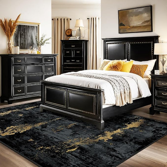 Washable Area Rugs 5'x8' Non-Slip Modern Abstract Soft for Living Room Entryway Bedroom Nursery, Print Pattern, Dark Black Gold