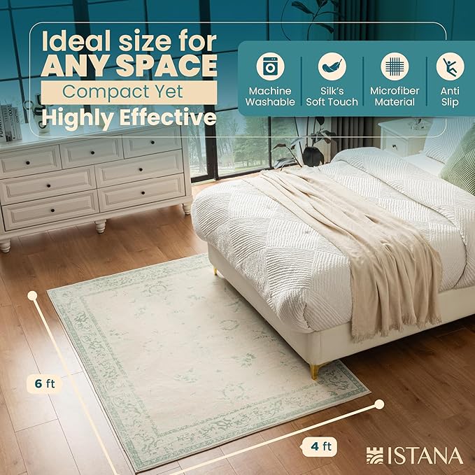 Istana 4x6 Area Rug - Green Rugs for Living Room 4x6 - Foldable Rugs for Bedroom - Stain Resistant Washable Rug - Eco-Friendly Boho Area Rugs - Easy to Clean Living Room Rug 4 x 6