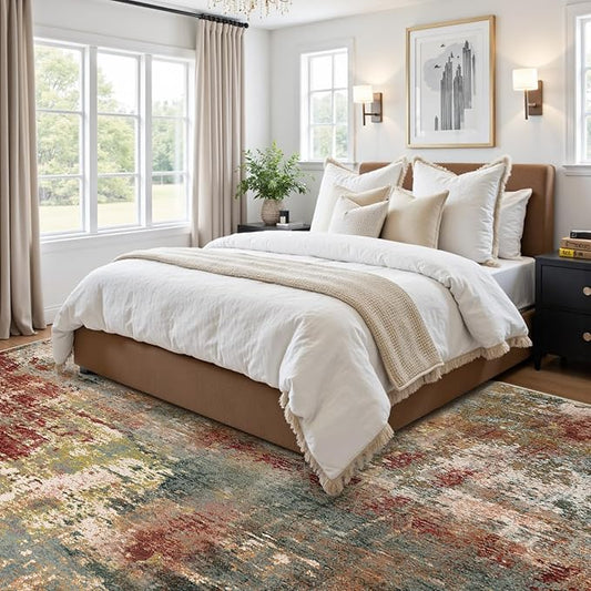 Washable Area Rugs 5'x8' Non-Slip Modern Abstract Soft for Living Room Entryway Bedroom Nursery, Print Pattern, Brown Rust Red Multi