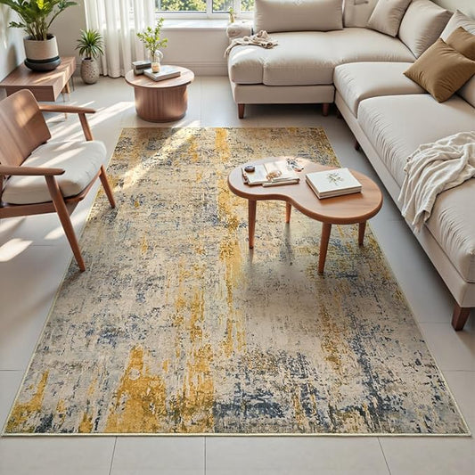 Area Rug 4x6 Beige Rug Washable Boho Rugs Non Slip Low Pile Abstract Small Carpet for Entryway, Bedroom, Kitchen, Classroom, Kids Room, Office, Dorm, Dining Room Light Tan