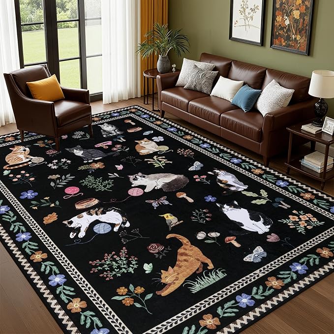 5x7 Area Rugs Living Room Rug: Vintage Washable Rug Floral Soft Carpet Indoor Floor Non-Slip Boho Stain Resistant Large Carpets for Bedroom Kids Nursery Dining Room Farmhouse Home Office Black/C01