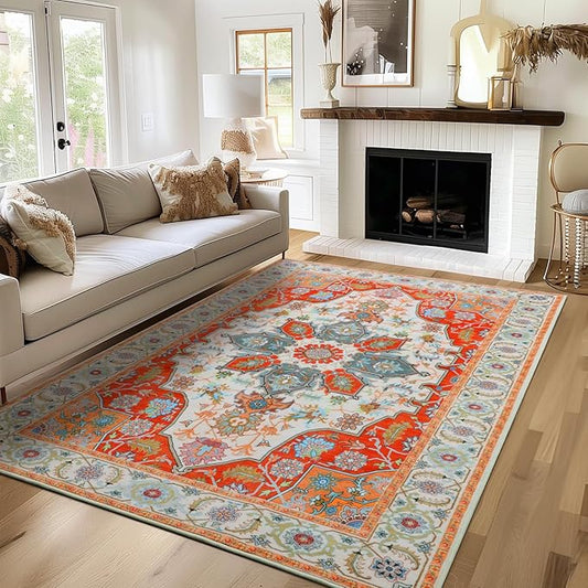 WILLSUN Washable Area Rugs, 4x6 Non-Slip Boho Large Area Rugs for Living Room, Bedroom, Machine Washable Vintage Rug, Indoor Floral Print Carpet for Home Decor, Kid & Pet Friendly Mat
