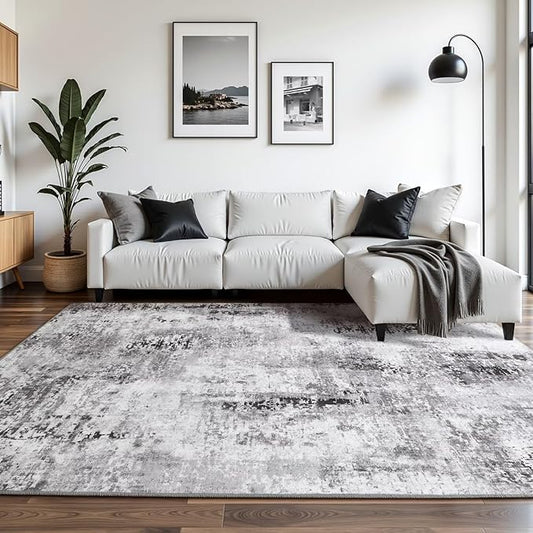 Washable Abstract Rug, 5x7 Modern Area Rugs with Non-Slip Rubber Backed for Living Room, Thin but Soft Contemporary Carpet Kitchen Bedroom Dining Room Decor, Dark Grey