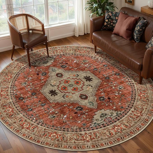 Tangsoo Round Rug 5ft, Washable Circle Rug, Vintage Non Slip Boho Round Area Rug, Low Pile Circular Rugs, Round Carpet for Bedroom,Livingroom,Nursery,Dorm,Office,Terracotta