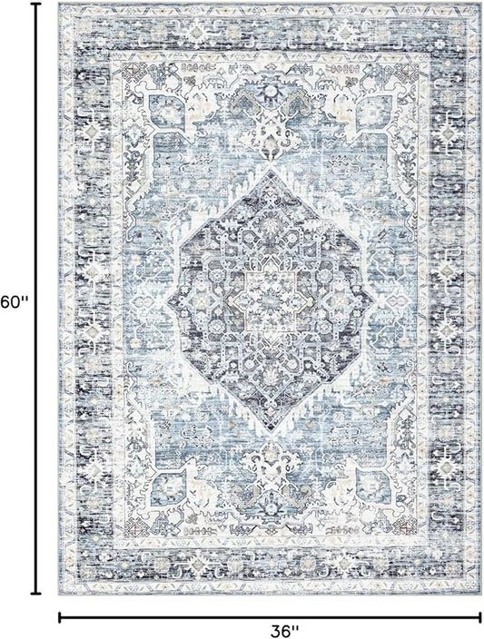Area Rug 3×5, Vintage Boho Rug,Ultra-Soft Low Pile, Washable, Non Slip,Stain Resistant Printed Carpet for Living Room Bedrooms Playroom Office Kitchen, Light Blue