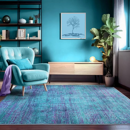 Abstract 5x7 Area Rug, Modern Teal Purple Throw Rugs for Living Room, Washable Soft Large Non-Slip Accent Carpet Floor Mat for Dining Room Office Bedroom - Teal+Purple