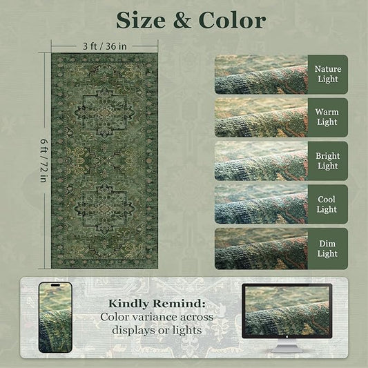 Dark Green 3x6 Runner Rug Non Slip, Washable Thin Kitchen Runner, Vintage Distressed Medallion Carpet Runners for Hallway 6ft Indoor Entryway/Bedroom/Foyer/Laundry Room/Bathroom