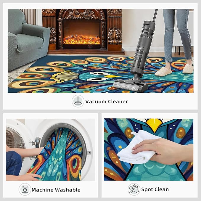 Boho Peacock Rugs for Living Room - 6x8 Rug, Peacock Decor Area Rugs for Bedroom, Teal Turquoise Rug, Modern Style Washable Carpet, Aesthetics Carpet - Peafowl Home Decor & Gifts
