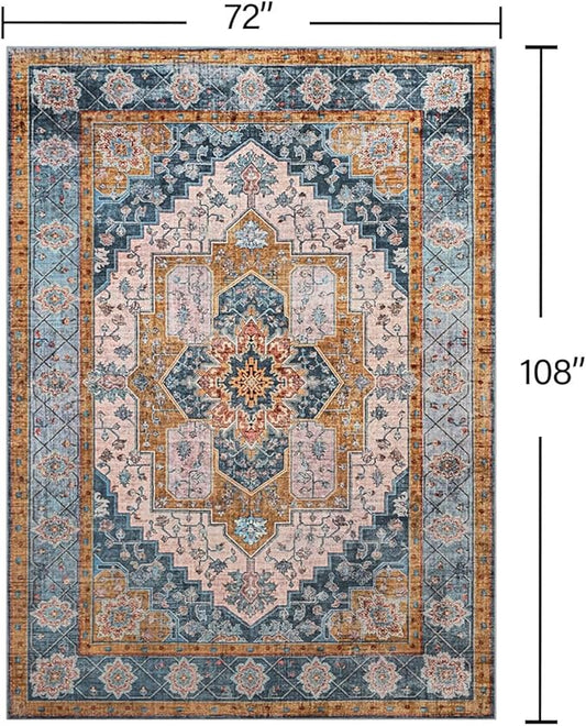 YJ.GWL Area Rugs for Living Room 6x9 Machine Washable Rugs, Non Slip Floral Vintage Rug Indoor Carpet, Stain Resistant Large Rug for Bedroom Dining Room, Brown Blue
