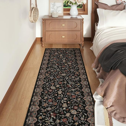 Rugcomf Vintage Paisley Kitchen Runner Rug 2'x6' - Machine Washable, Non-Slip Low Pile Floral Carpet for Laundry, Bedroom, Bathroom - Black