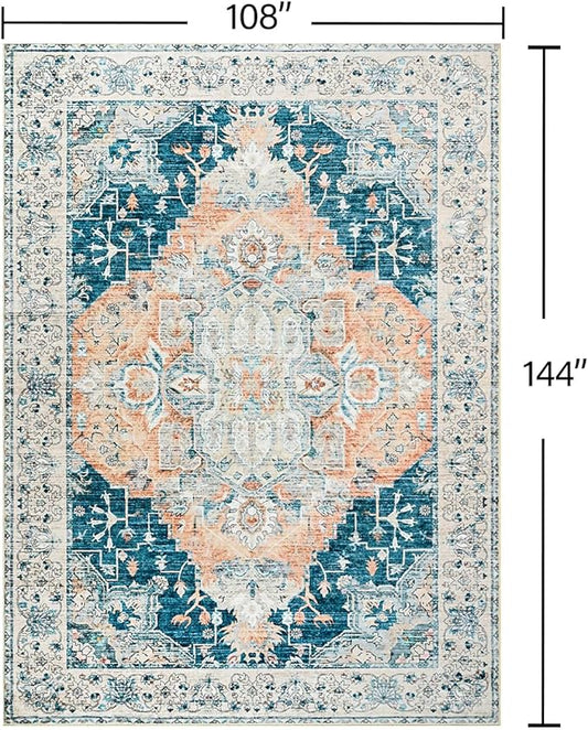 YJ.GWL Area Rugs for Living Room 9x12 Machine Washable Rugs, Non Slip Floral Vintage Rug Indoor Carpet, Stain Resistant Large Rug for Bedroom Dining Room, Dark Blue