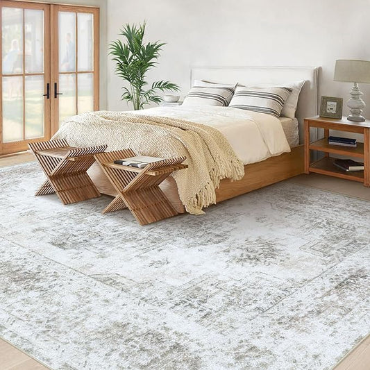 Area Rug 8x10 Living Room Rug, Machine Washable Vintage Distressed Medallion Rug Non-Slip Soft Low Pile Large Indoor Rugs for Bedroom Kitchen Dining Room Office(Taupe,8'x10')