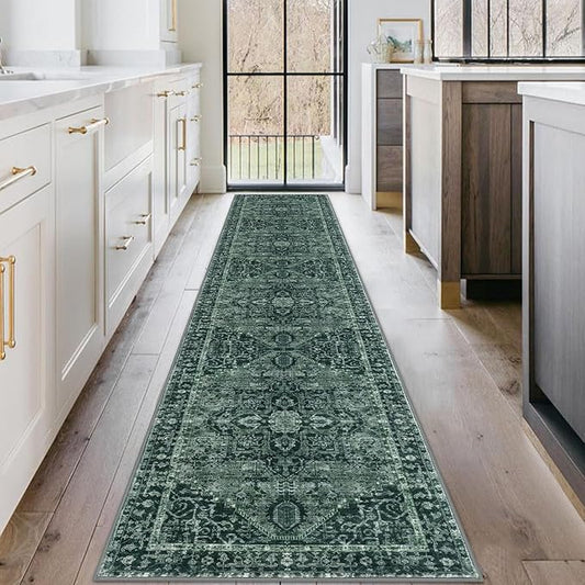 KOZYFLY Long Runners for Hallways 2x10 Ft Washable Kitchen Runner Rug Boho Style Entryway Rug Indoor Printed Faux Wool Stair Runner Carpet for Stairs Bedroom Kitchen Hall, Dark Green