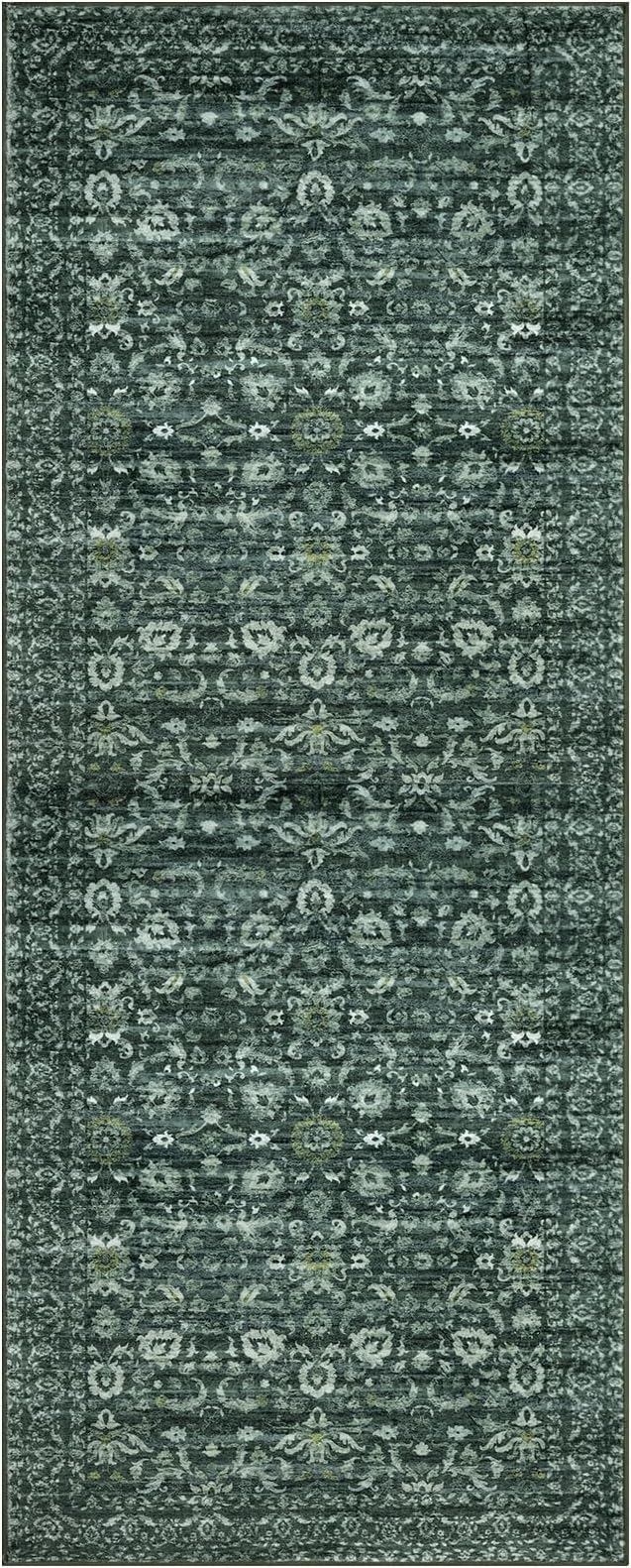 Runner Rug 2x10, Dark Green Washable Long Hallway Rug Runner Non-Slip Soft Kitchen Runner Thin Printed Faux Wool Super Soft Carpet for Entryway Bedroom Laundry Room Indoor