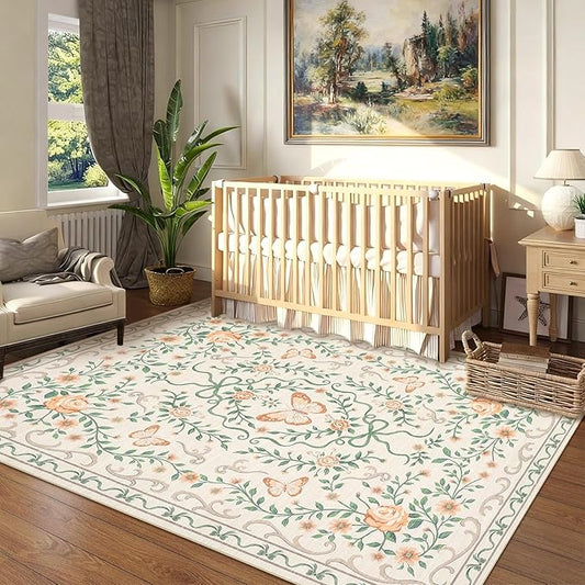 GarveeHome Floral Area Rug 4x6 Entryway Rug Low Pile Bedroom Beige Bow Rugs Non Slip Stain Resistant Dining Room Throw Carpet Small Living Room Butterfly Rugs Soft Boho Mats for Kitchen Nursery, 4x6