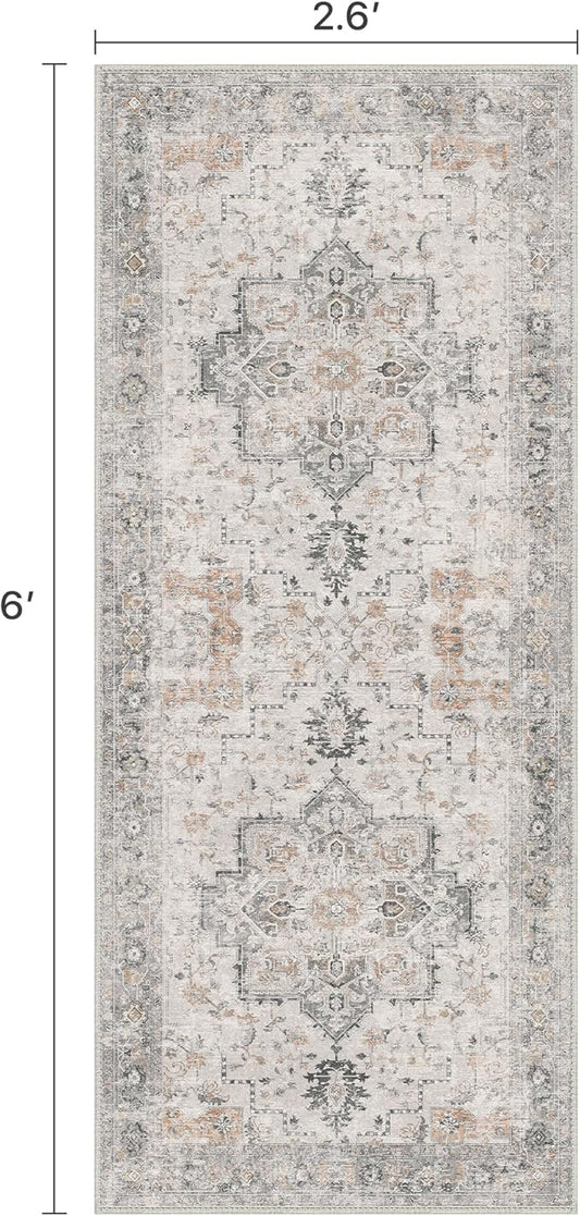 Runner Rug 2'6''x6 Non Slip Machine Washable Vintage Hallway Runner Rug, Low PileLight Weight Rugs for Entryway, Hallway, Kitchen and Corridor, Light Taupe Brown