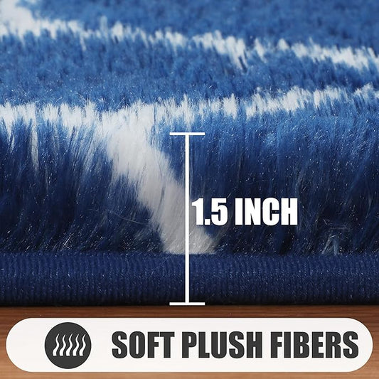 ONASAR Geometric Area Rugs 5x8 for Living Room, Fluffy Moroccan Navy and White Rug for Boys Bedroom Home Decor Aesthetic, Soft Shaggy Plush Floor Carpet for Kids Girls Teen Nursery Playroom Office