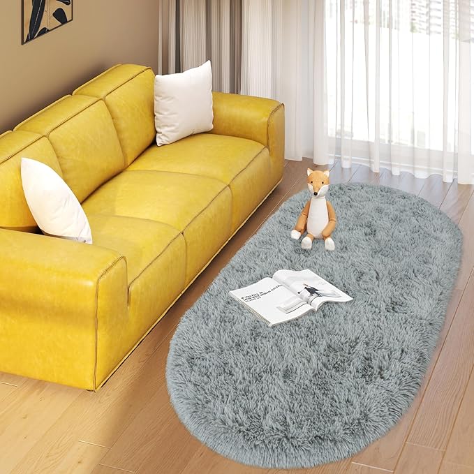Soft Fluffy Area Rug for Bedroom, Fuzzy Shaggy Oval Throw Rugs for Bedside, Non-Slip Cozy Plush Shag Carpet for Kids Room Nursery Dorm Living Room, Grey, 2.6 x 5.3 Feet, 2 Packs