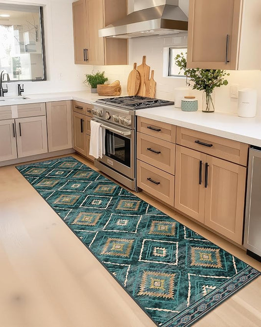 Area Rug 2x8 Rug Machine Washable Non-Slip Low Pile Print Pattern Western Rug for Living Room Bedroom Entryway Tribal Series -Teal/Green
