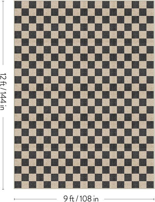 LIVEBOX 9x12 Area Rugs for Living Room, Checkered Non-Slip Washable Rugs, Farmhouse Neutral Classic Geometric Large Boys Area Rug for Bedroom, Carpet for Living Dining Room Office(Black,9'x12')