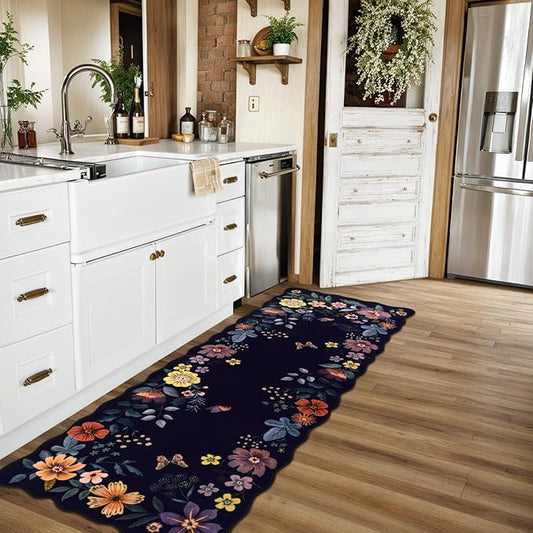 Lahome Floral Kitchen Runner, 2X6 Washable Runner Rug Non-Slip, Ultra-Thin Soft Hallway Rug Stain Resistant Boho Low-Pile Carpet for Laundry Bathroom Bedroom(2x6ft,Purple)