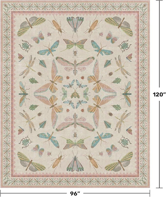 Cute Rugs for Bedroom Girls - Pink Living Room Rugs 8X10, Dining Room Table, Washable Pastel Flower Insect Print Whimsical Décor