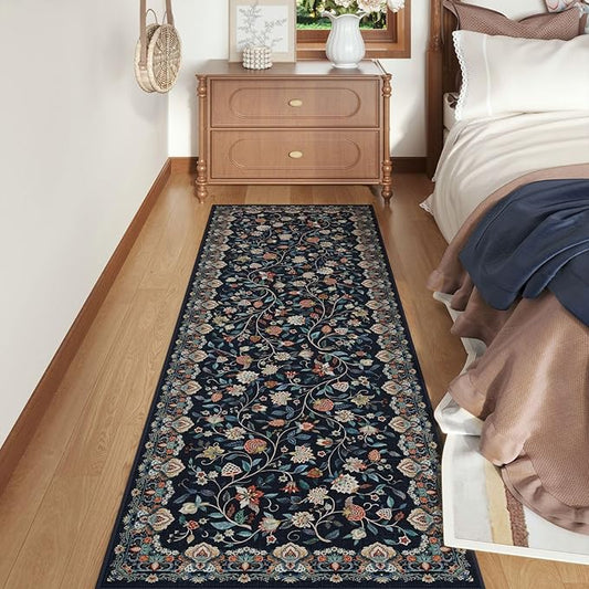 Rugcomf Vintage Paisley Kitchen Runner Rug 2'x6' - Machine Washable, Non-Slip Low Pile Floral Carpet for Laundry, Bedroom, Bathroom - Blue