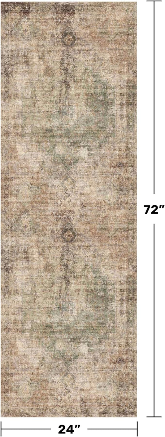 Farmhouse Washable Hallway Runner Rug, 2x6 Green and Brown Rugs for Kitchen Floor Waterproof, Bathroom, Entrance Indoor, Bedroom, Non Skid & Stain Resistant Carpet