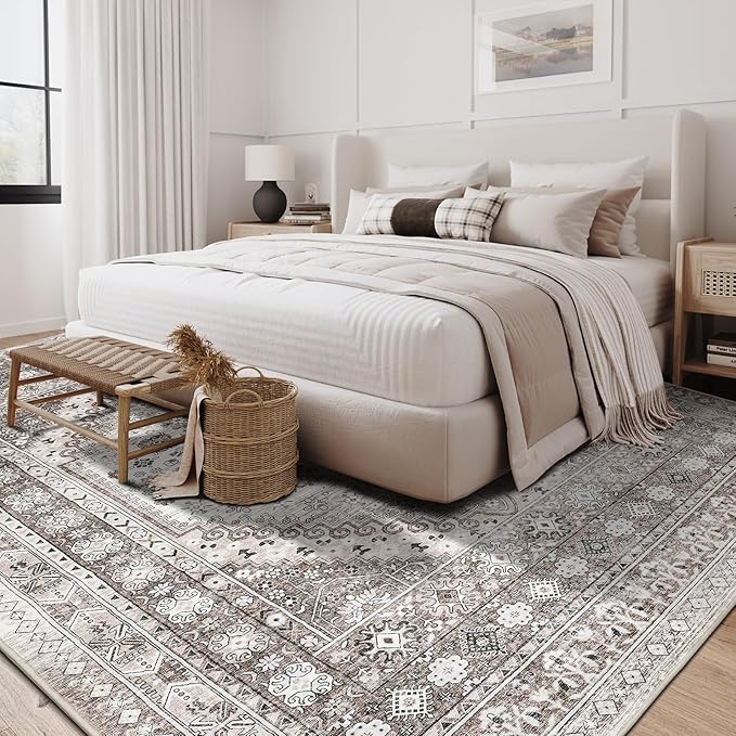 zesthome 7x9 Area Rug, Super Soft Washable Rugs for Living Room, Non-Slip Stain Resistant Vintage Rugs, Ultra-Thin Large Area Rugs (Brown/Beige,7'x9')