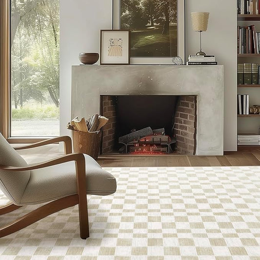 EVERGRACE Checkered Plaid Area Rug 6x9, Soft Faux Wool Rugs Washable Anti Slip Rugs Large Rug Carpet for Entryway Bedroom Living Room Hallway Kitchen Dining Room and Laundry Room, Beige