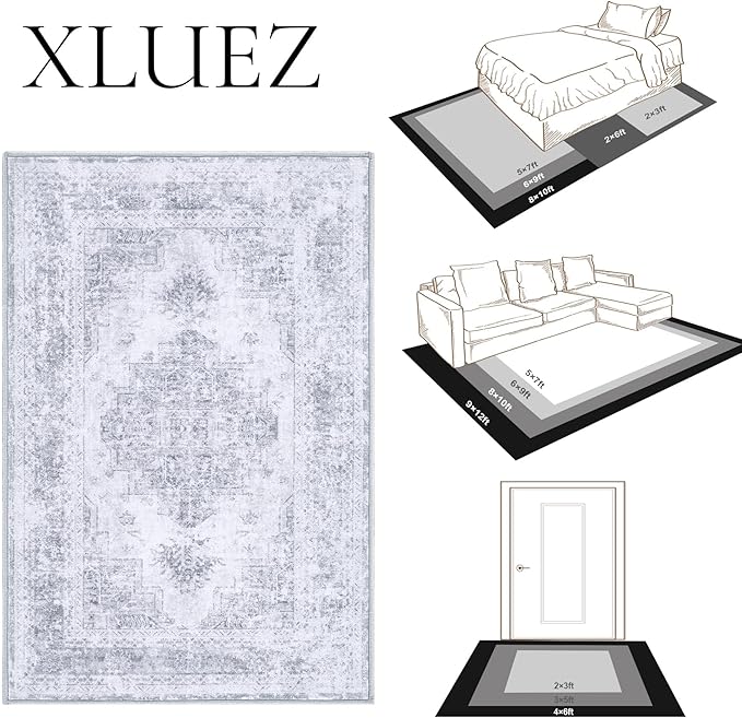 Area Rug 6x9 Living Room Rug, Machine Washable Vintage Distressed Medallion Rug Non-Slip Soft Low Pile Large Indoor Rugs for Bedroom Kitchen Dining Room Office(LightGrey,6'x9')