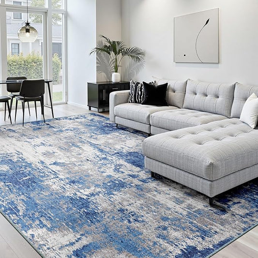 Washable Area Rugs Square 7ft Non-Slip Modern Abstract Soft for Living Room Entryway Bedroom Nursery, Print Pattern, Blue Grey Navy Gray
