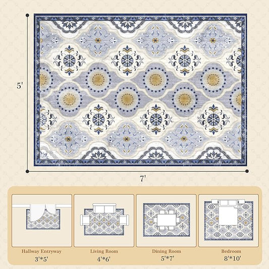 EnHomee Area Rugs 5x7, Soft Washable Rugs for Living Room Bedroom, Boho Non Slip Low Pile Stain Resistant Washable Rug Large Carpet for Dining Room,Easy to Clean Living Room Rug, Blue