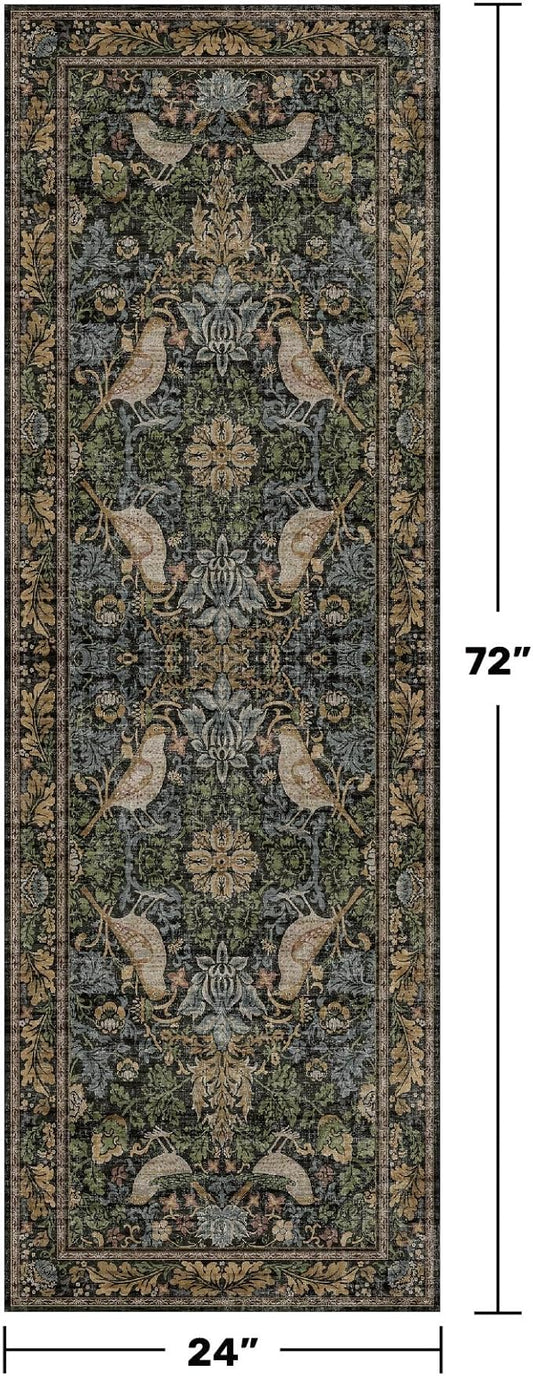 Floral Kitchen Runners - 2x6 Runner Rug for Hallway Bathroom Laundry Room Bedroom Beside Bed Entryway, Boho Birds Leaves Patterned Non Slip Low Pile Washable Rugs