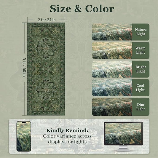 Green Boho 2x5 Runner Rugs for Hallways Non Slip Machine Washable, Low Pile Lightweight Carpet Runner for Entryway/Kitchen/Bathroom/Corridor/Laundry Room Distressed Vintage Medallion Printed
