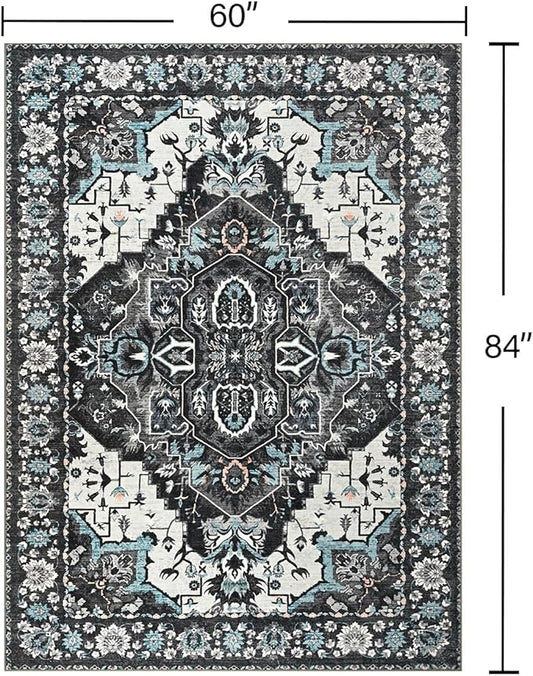 YJ.GWL Area Rugs for Living Room 5x7 Machine Washable Rugs, Non Slip Floral Vintage Rug Indoor Carpet, Stain Resistant Large Rug for Bedroom Dining Room, Black Grey Blue