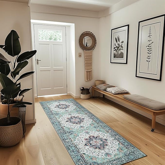Area Rugs 2'x8' Washable Non-Slip, Floral Vintage Distress Print Pattern Medallion Carpet for Living Room Bedroom Dining Room, Green Navy Blue White Red Teal Colorful