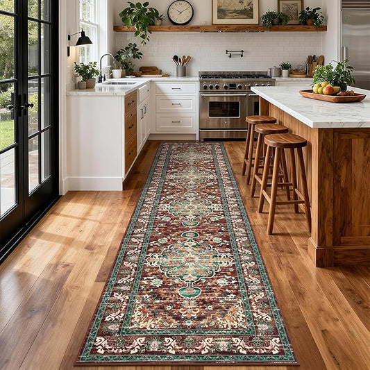 U'Artlines 3' x 12' Boho Hallway Runner Rug, Rust Non Slip Washable Vintage Farmhouse Accent Rug Carpet for Kitchen Entryway Laundry and Living Room (Rust&Teal)