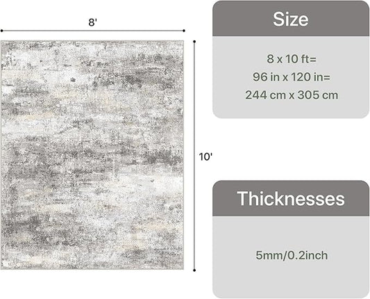 8x10 Area Rugs Washable Grey Rug for Living Room Bedroom, Modern Abstract Large Rug Non Slip, Water Repellent Low Pile Soft Carpet for Dining Room, Home Office, Grey Beige
