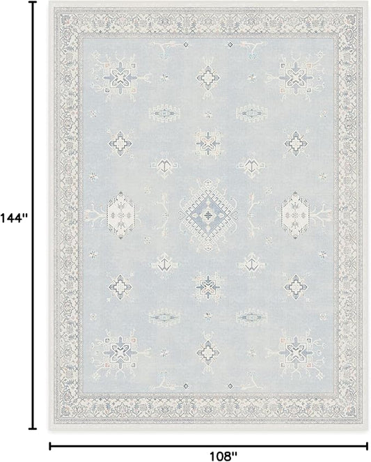 RUGGABLE Washable Vintage Area Rug – Verena Soft Blue 9x12, Stain-Resistant, Non-Slip – Large Machine Washable Rugs for Living Room, Bedroom, Hallway, Entryway & Office–with Cushioned Pad