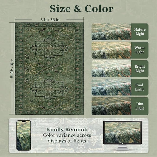 Dark Green 3x4 Rugs for Entryway Indoor, Distressed Medallion Door Mat Indoor Entrance, Washable Non Slip Low Pile Thin Small Carpet Rug for Kitchen/Bedroom/Bathroom/Laundry Room