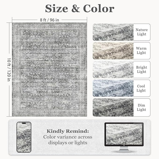 Vintage Grey 8x10 Area Rugs for Living Room, Retro Gray Neutral Rug for Bedroom Dining Room, Low Pile Thin Washable Non Slip Room Rug for Home Office Family Room