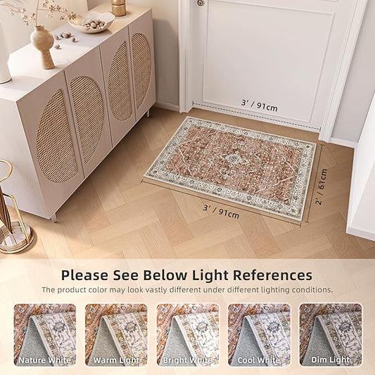Deerly Washable Rug Small 2x3 Area Rug for Entryway Indoor Kitchen - Soft Rugs Low Pile Non-Slip Rubber Backing Oriental Indoor Area Rug (Border Brick Red ), 2'x3'